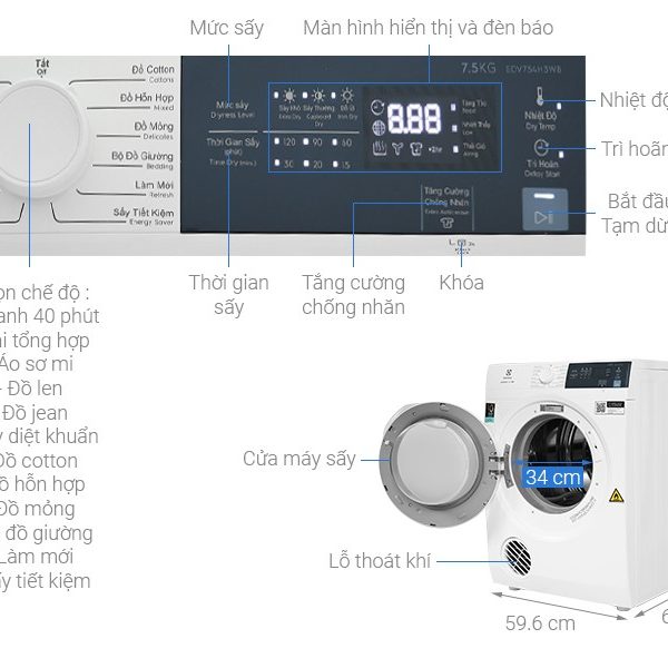 Hình ảnh minh họa: Máy Sấy Electrolux Thông Hơi Ultimatecare 7,5kg Edv754h3wb