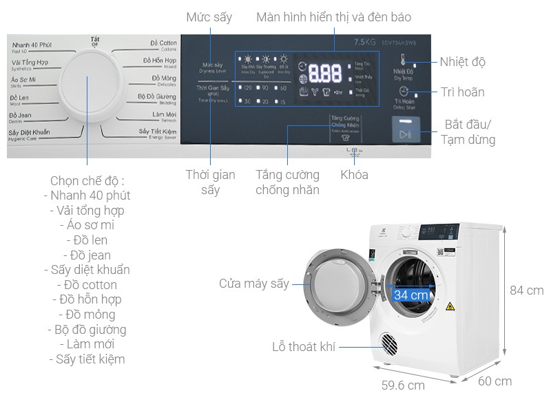 Hình ảnh minh họa: Máy Sấy Electrolux Thông Hơi Ultimatecare 7,5kg Edv754h3wb