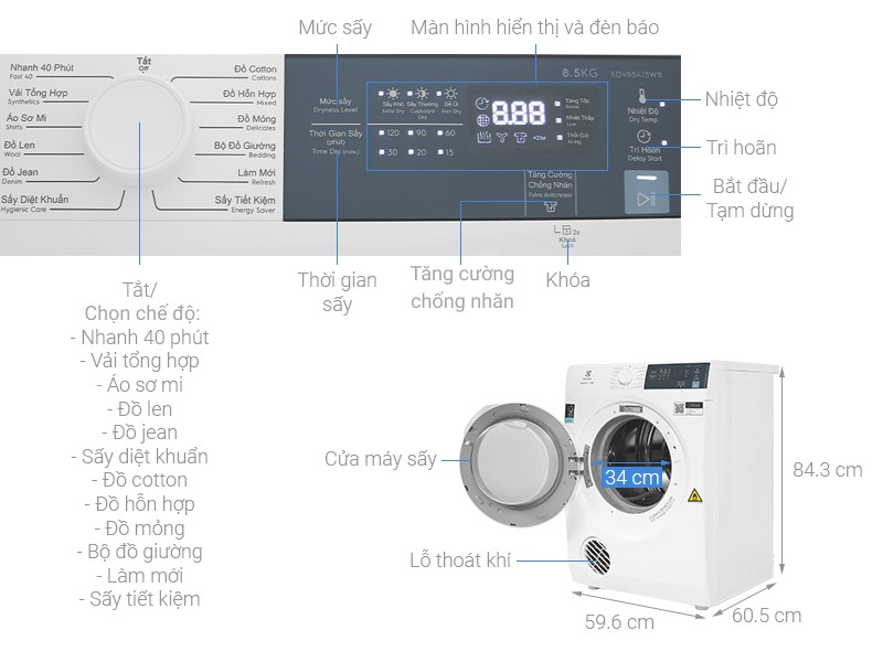 Hình ảnh minh họa: Máy Sấy Electrolux Thông Hơi Ultimatecare 8.5 Kg Edv854j3wb