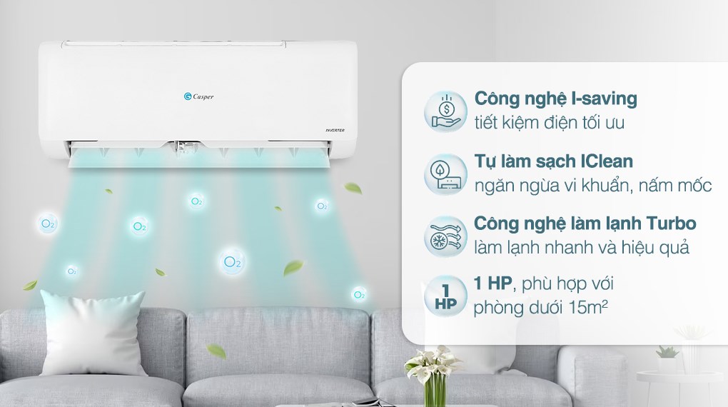 Điều hòa Casper Inverter 1 HP TC-09IS35 sở hữu kiểu dáng treo tường, hoạt động với công suất 2 HP thích hợp cho phòng từ 20 - 30 m2