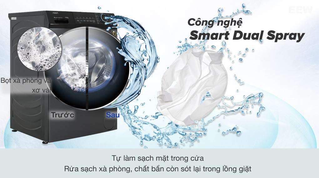 Công nghệ Smart Dual Spray: Máy Giặt Aqua Inverter 9.5 Kg Cửa Ngang Aqd-a952j Bk