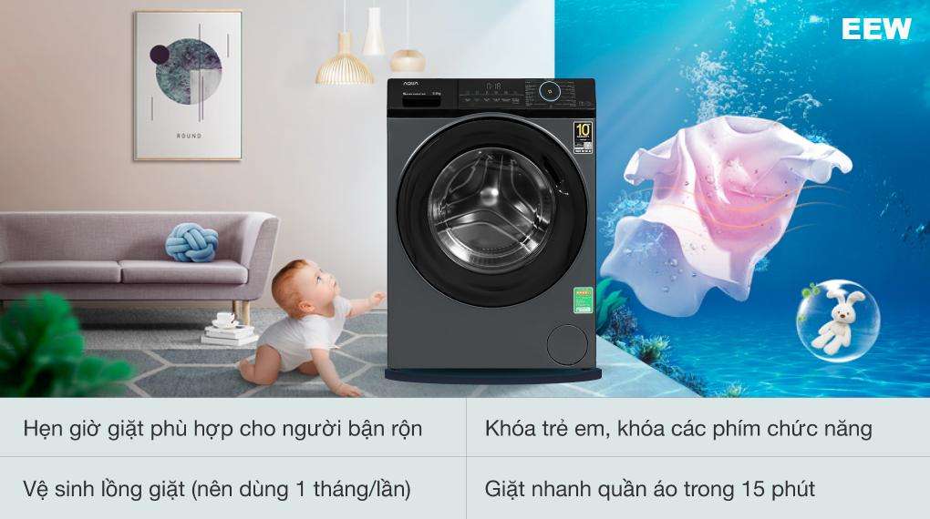 Tiện Ích: Máy Giặt Aqua Inverter 9.5 Kg Cửa Ngang Aqd-a952j Bk