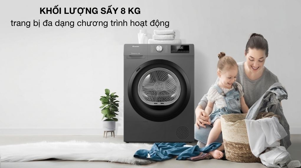 Hình ảnh minh họa: Máy Sấy Bơm Nhiệt Hisense 8 Kg Dh80n1t