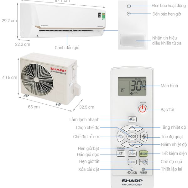 Hình ảnh minh họa: Điều Hòa Sharp 1 Chiều Inverter12000 Btu Ah-x13cewc