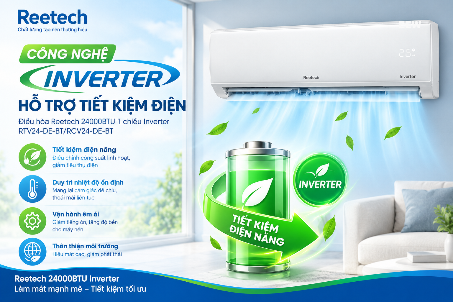 Hình ảnh minh họa: Điều Hòa Reetech 24000btu 1 Chiều Inverter Rtv24-de-bt/rcv24-de-bt