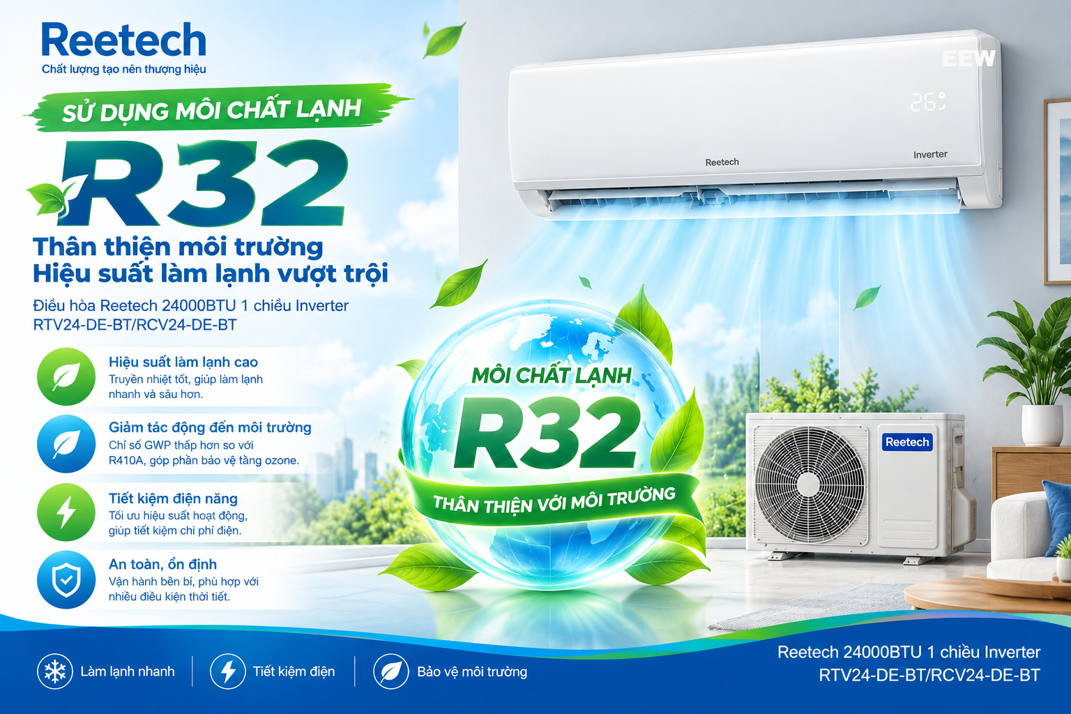 Hình ảnh minh họa: Điều Hòa Reetech 24000btu 1 Chiều Inverter Rtv24-de-bt/rcv24-de-bt